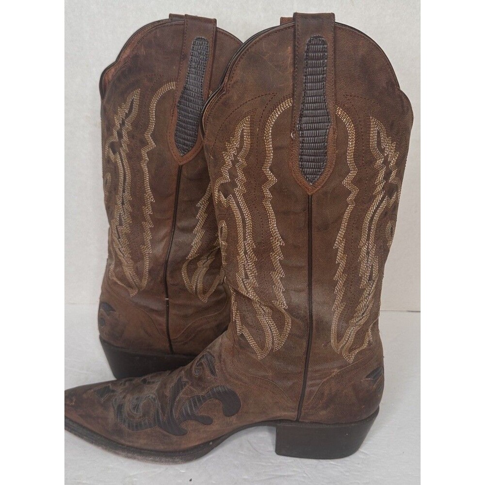 JB DILLON COWBOY SNIP TOE Boot 7.5 D Men  Lizard INLAY Brown Western  Inlay